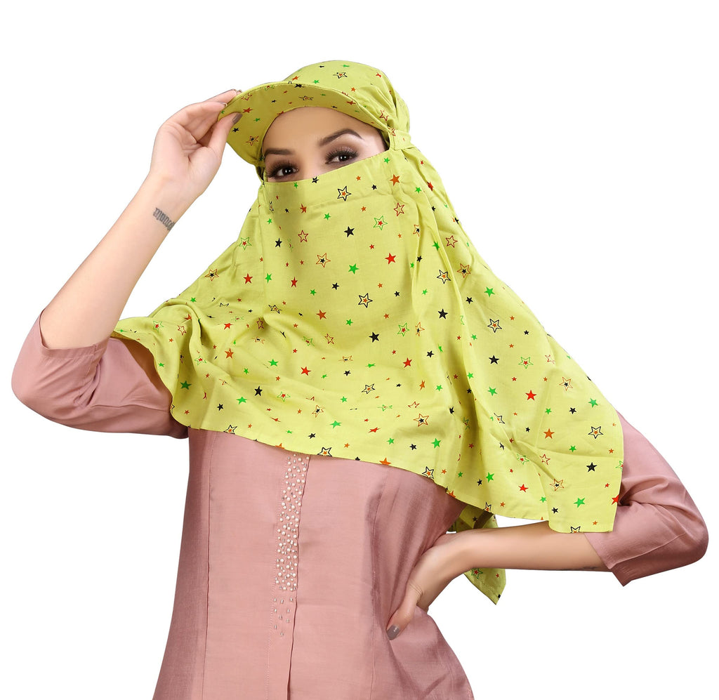TESY QWEN Women's Scarf Cum Mask with Cap, Rayon Multi-Functional Neck Gaiter with UV Protection for Biking, Hiking and Travel (Mehndi)