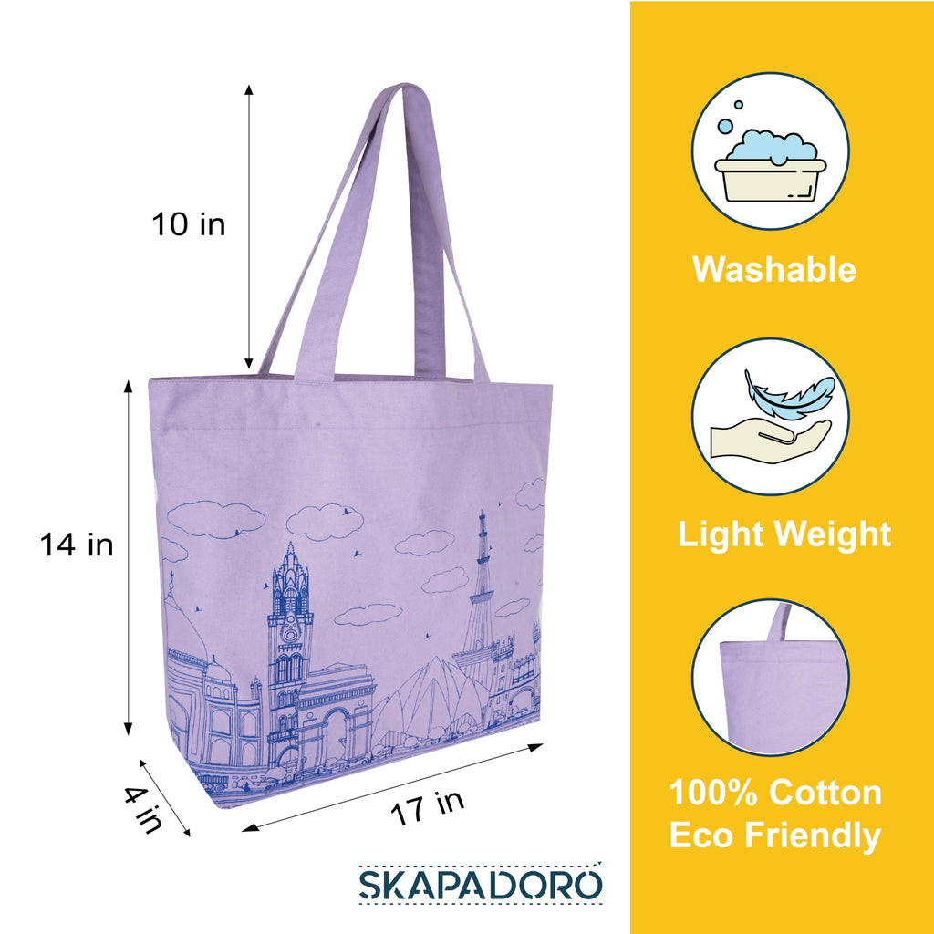 SKAPADORO Canvas Big Zip Printed Handbag Tote,100% Cotton, Inner pocket, Ecofriendly Bag for Women, Travel College Beach Shopping, Easy to Wash Everyday Shoulder Bag (India)