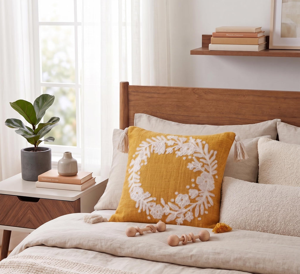 Furnistitchs Handmade Tufted Boho Cushion Covers 12x12 Inches | Embroidered Sofa Pillow Cases | Rustic Bohemian Decorative Throw Cushions for Couch Bedroom Living Room (2, Yellow Garland)