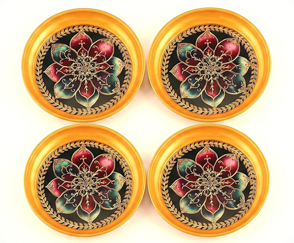 R AYURVEDA COPPER Metal Set of 4 Ornate Dessert Serving Plates - 6 Inch Decorative Enamel & Gold Foiled Finish Trays - Perfect for Indian Sweets, Macarons, Festivals & Family Parties