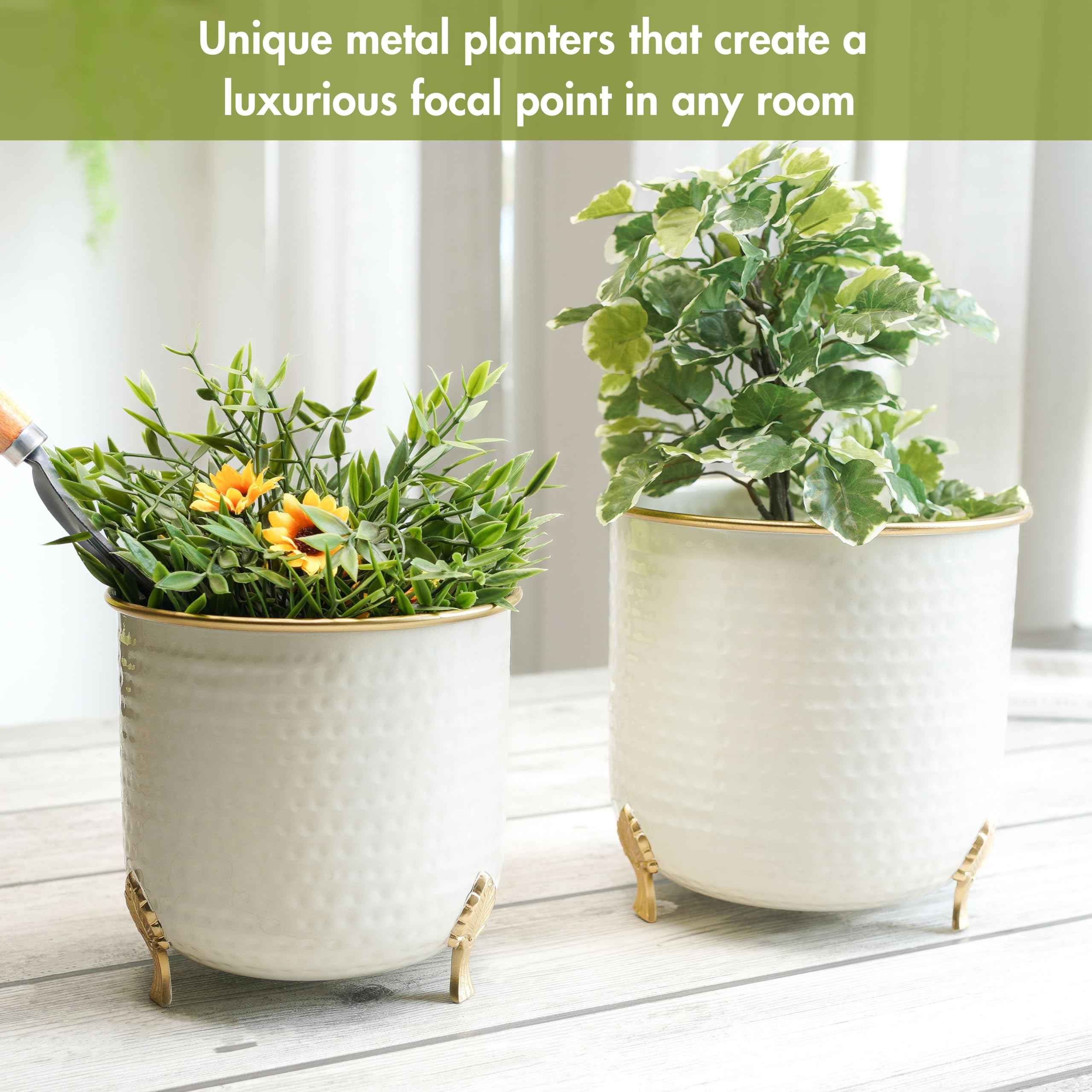 BEHOMA Metal Hammered Leaf Leg Planter Set, Golden - Set of 2