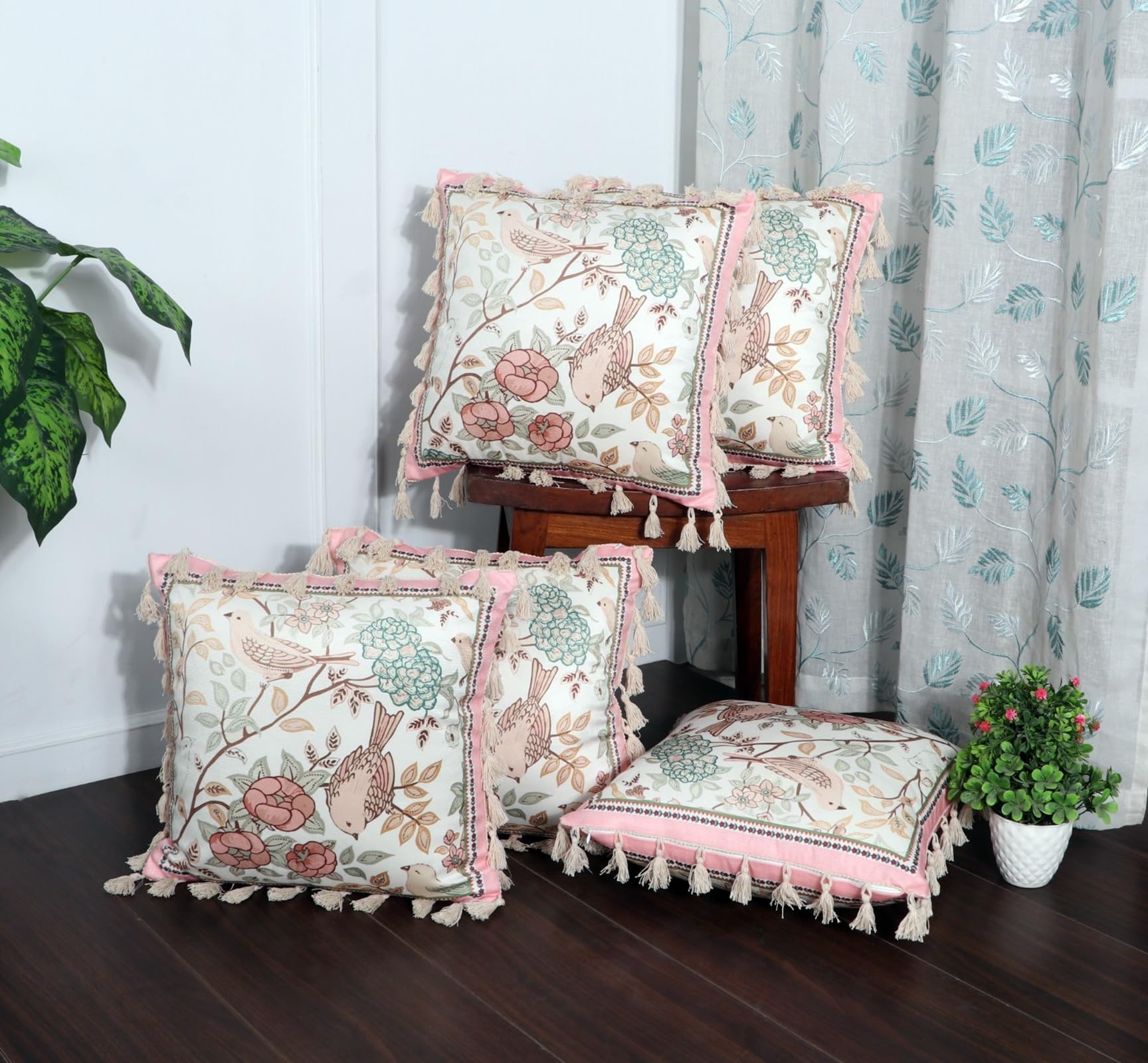 ishro home Premium Cushion Cover 16 inch x 16 inch | Set of 2 – Soft European Standard Fabric, Frill Design, Machine Washable | (2, Gul-o-Parinday, 16x16 Inch)