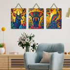 Artvibes Sacred Elephant Jungle Wooden Art Decoration Item for Home | Wall Sculpture | Signs & Plaques | Modern Decor Artwork | Wall Poster | Handcrafted Art | Ideal Gifts (WH_9666N), Set of 3