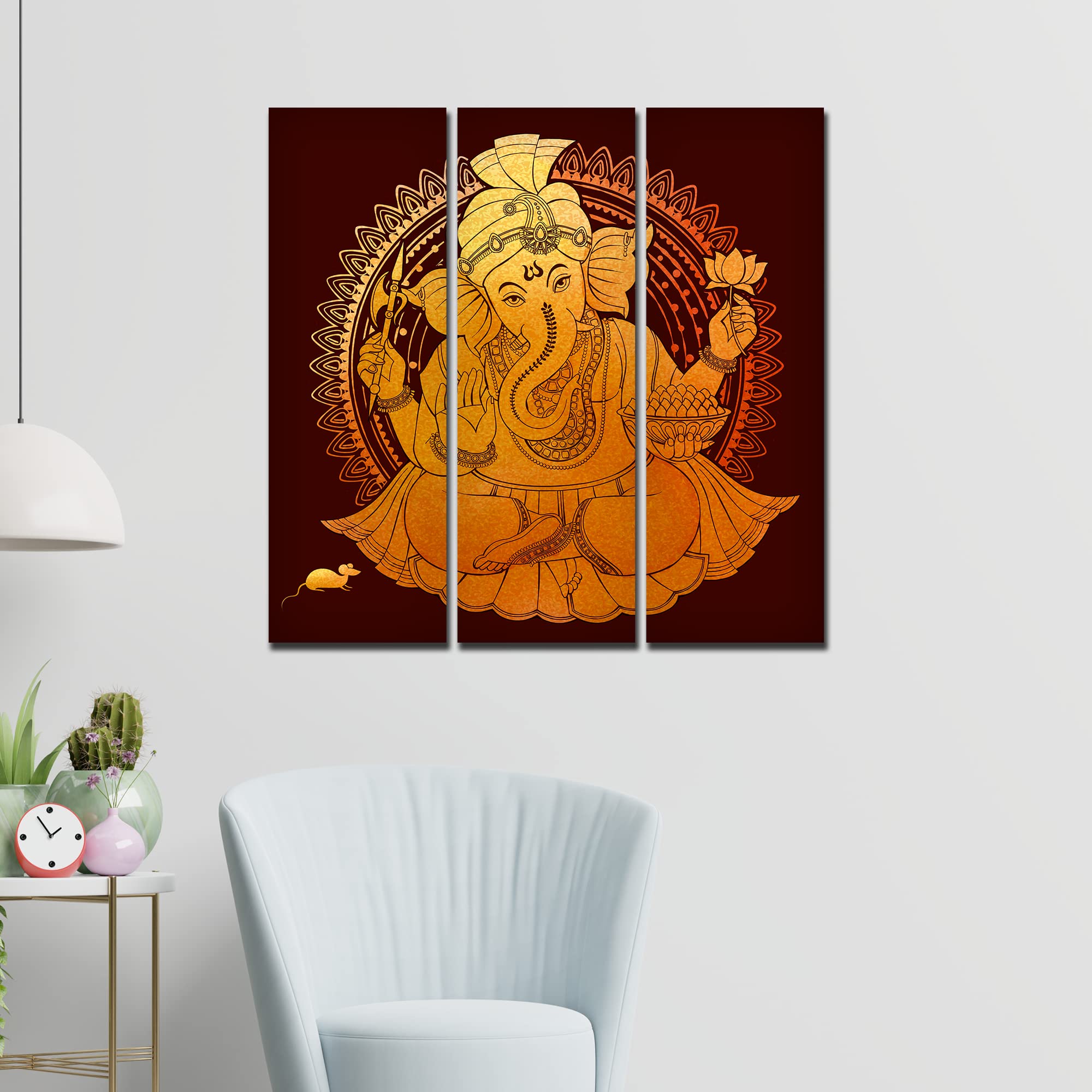 VIBECRAFTS Beautiful Shree Ganesh 3 Pieces Canvas Wall Painting Fitted With Wooden Frame For Home | Office | Living Room | Gifts (PTVC3Pcs1_9558)