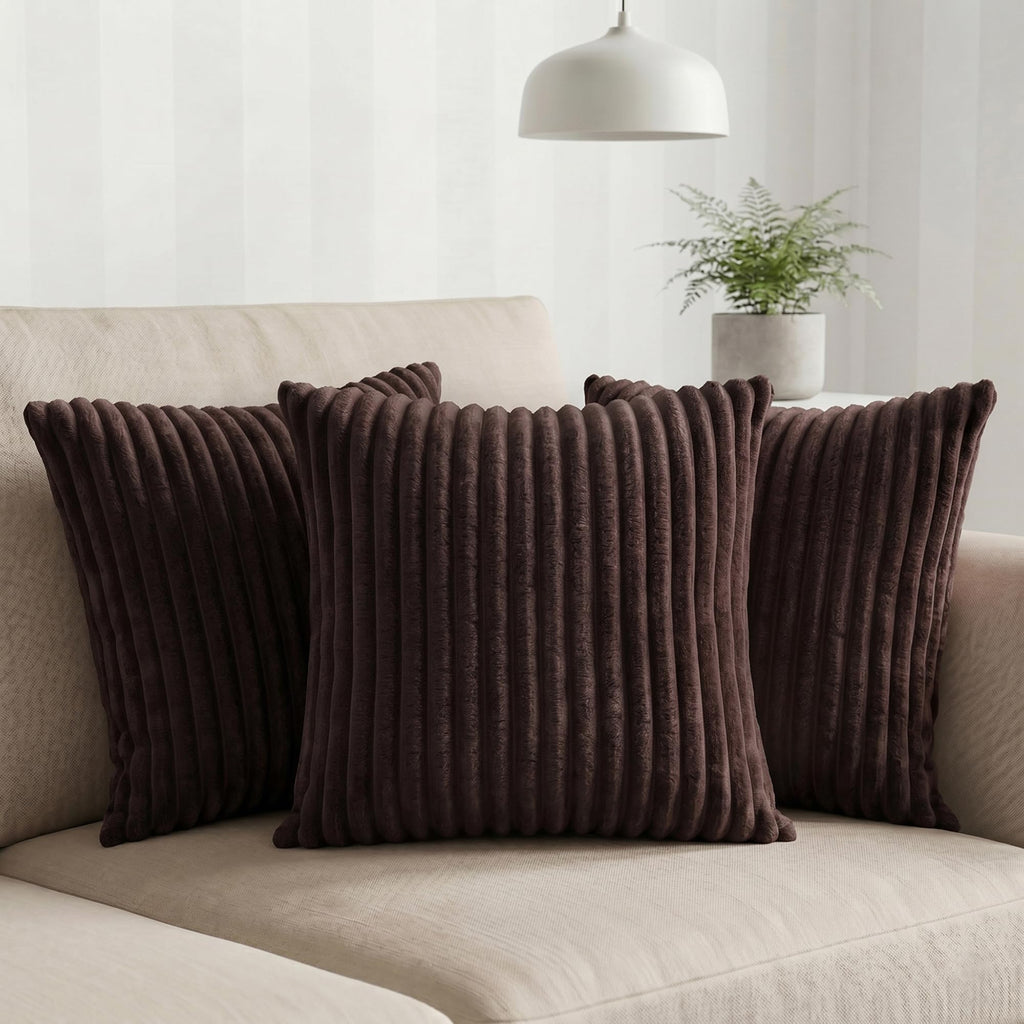 Yellow Weaves Pencil-Stripe Fur Cushion Covers | Soft Polyester | Decorative Sofa & Throw Pillow Covers | 16x16 Inches, Pack of 3 (Coffee)
