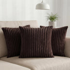 Yellow Weaves Pencil-Stripe Fur Cushion Covers | Soft Polyester | Decorative Sofa & Throw Pillow Covers | 16x16 Inches, Pack of 3 (Coffee)