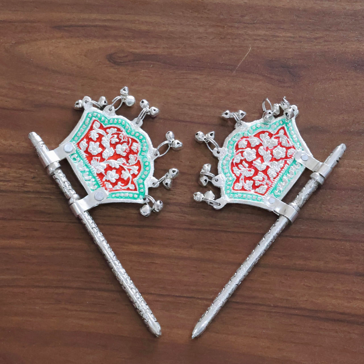 Traditional God Fan, Silver-Plated Metal with Red and Green Enamel Work,Metal Hand Fan for God Idol Pankhi with Mennakari