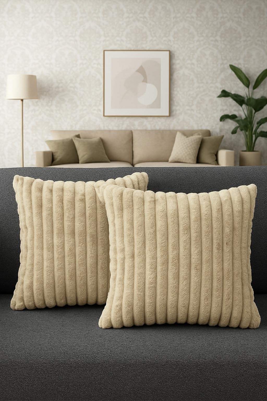 AWARD VELVETS Premium Faux Rabbit Fur Plush Luxury Soft Fluffy Striped Decorative Throw Pillow/Cushion Covers for Sofa, Couch, Living Room - (Beige, 16 x 16 inch) Set of 2