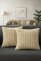 AWARD VELVETS Premium Faux Rabbit Fur Plush Luxury Soft Fluffy Striped Decorative Throw Pillow/Cushion Covers for Sofa, Couch, Living Room - (Beige, 16 x 16 inch) Set of 2