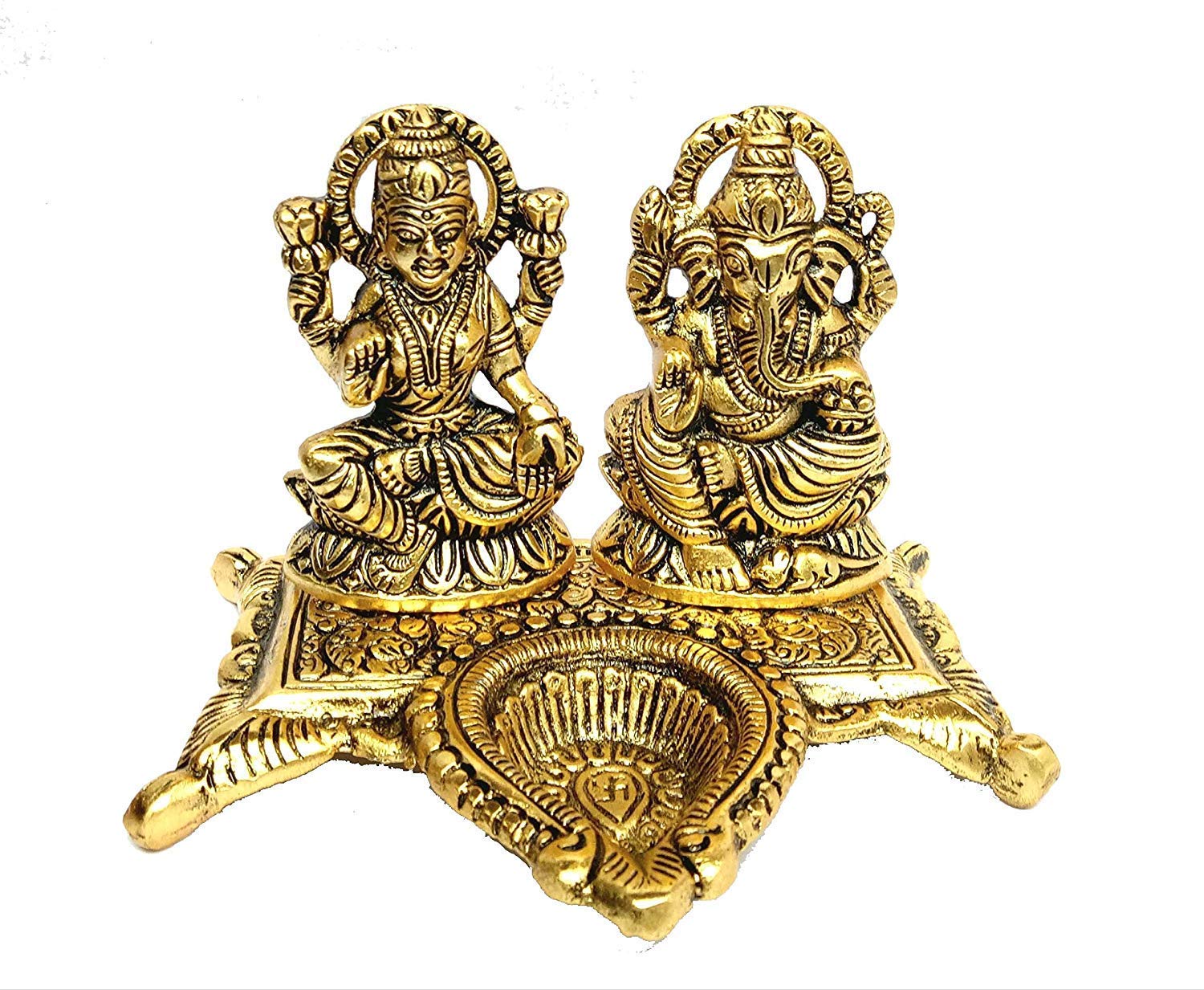KridayKraft White Metal Gold Plated Diwali Laxmi Ganesh Chocki God Idol with Metal om Shape Incense Stick Holder
