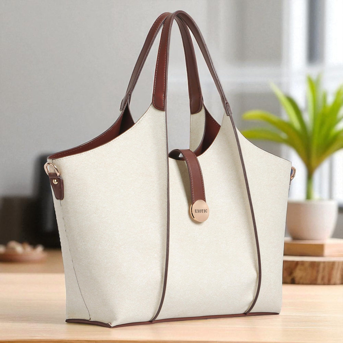 EXOTIC® Metropolitan Elegance Signature Canvas Tote top Handle Handbag | For Office | For Work | Laptop Bag | Gift Bag (Worm White)