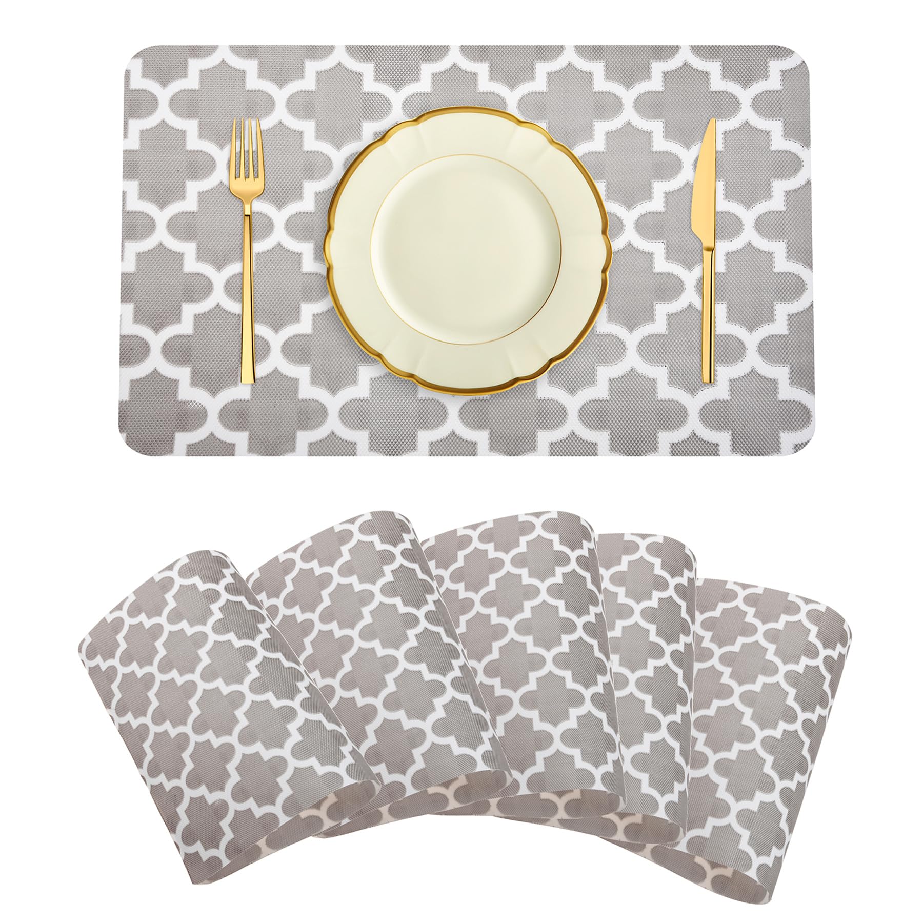 Kuber Industries Placemat | Placemats for Dining Room | Anti-Slip Table Mat Set | Placemats for Kitchen Table | Dining Table Placemats | Hexagon-Design Placemat | 6 Piece Set | Gray Kafalo