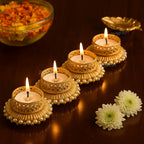 Divyakosh Metal Tea Light Candle Holder Set of 4 Pcs, Deepawali Tlight for Decoration, Diya for Home Decor| Designer Candle Holders | Diwali Gift, Gift Items |, Gold & White