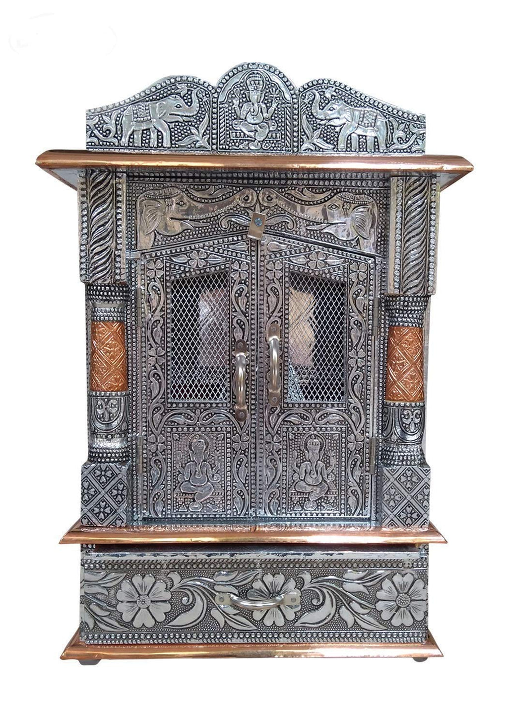 Bit-Chu Home Designs Aluminium & Copper Carving Oxidized Handcrafted Mandir/Ghar Mandir/Pooja Temple(Size: 24 x 6x 15 Inch) Silver & Bronze