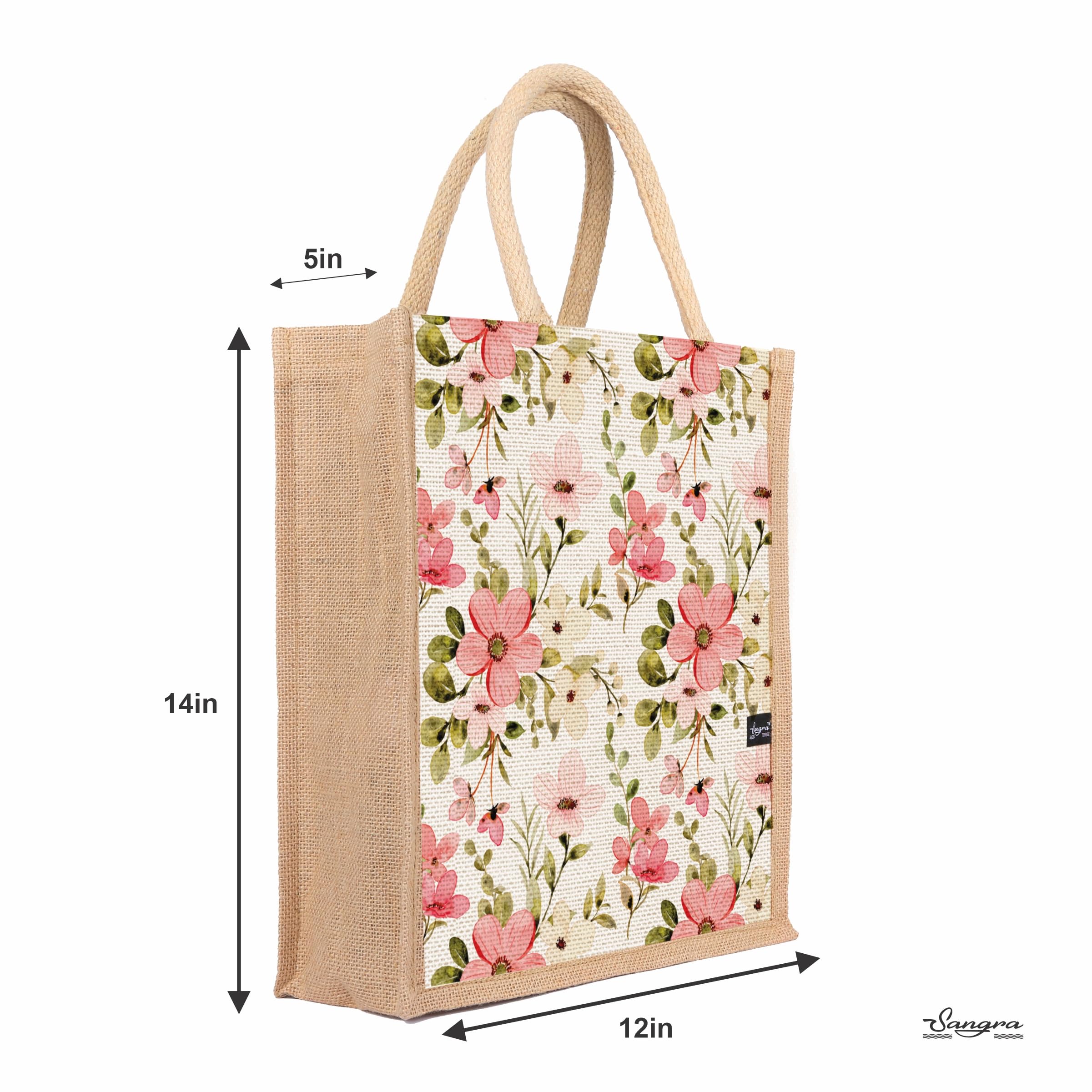 Sangra Multicolor Jute bag for Women and Men Lunch Bag with Zip and Handle (Flower Pattern)