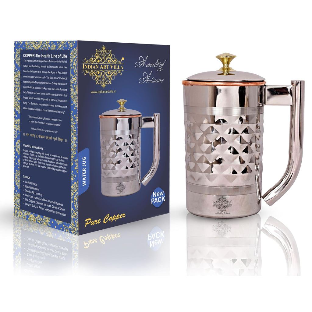 Indian Art Villa Diamond Hammered Steel Copper Jug Pitcher with Brass Knob, Serveware, 2000 ML