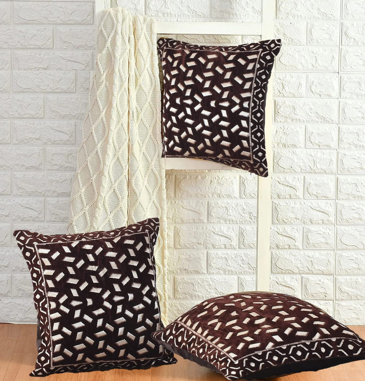 DECOMIZER Jacquard Geomteric Cushion Covers 24 inch x 24 inch Set of 3 Ethnic Motifs Cushion Covers,Design- Bricks,Color- Coffee-240 TC