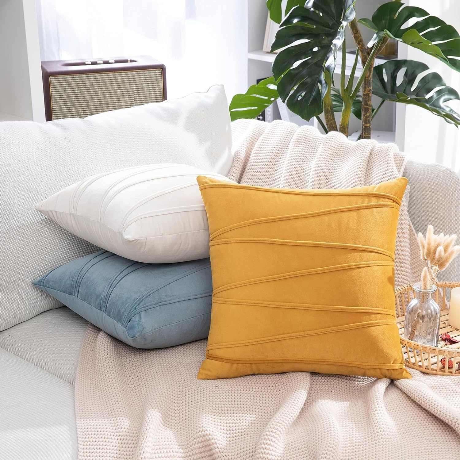 Khooti Velvet Striped Cushion Cover Pack of 1-26X26/66X66 Cm | Ice Blue | Soft Pillow Covers Cushion Case for Sofa Bedroom Living Room Chair Car, Cushion Cover with Zig Zag Pattern