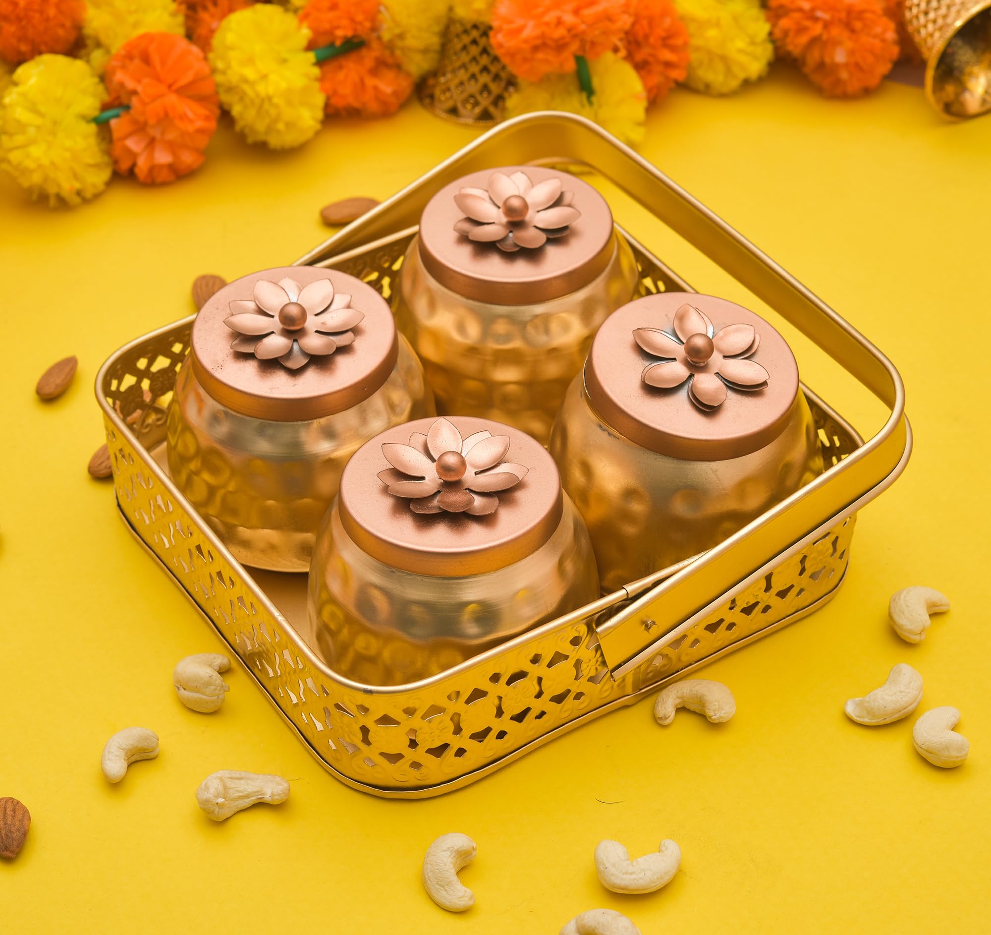 Sanvatsar Square Shape Metal Basket with Jar Tray 4 Copper Flower Container Dry Fruits Chocolate Sweets Candys Gifts Set for Office, Home Decor Table Decoration Item (Square)