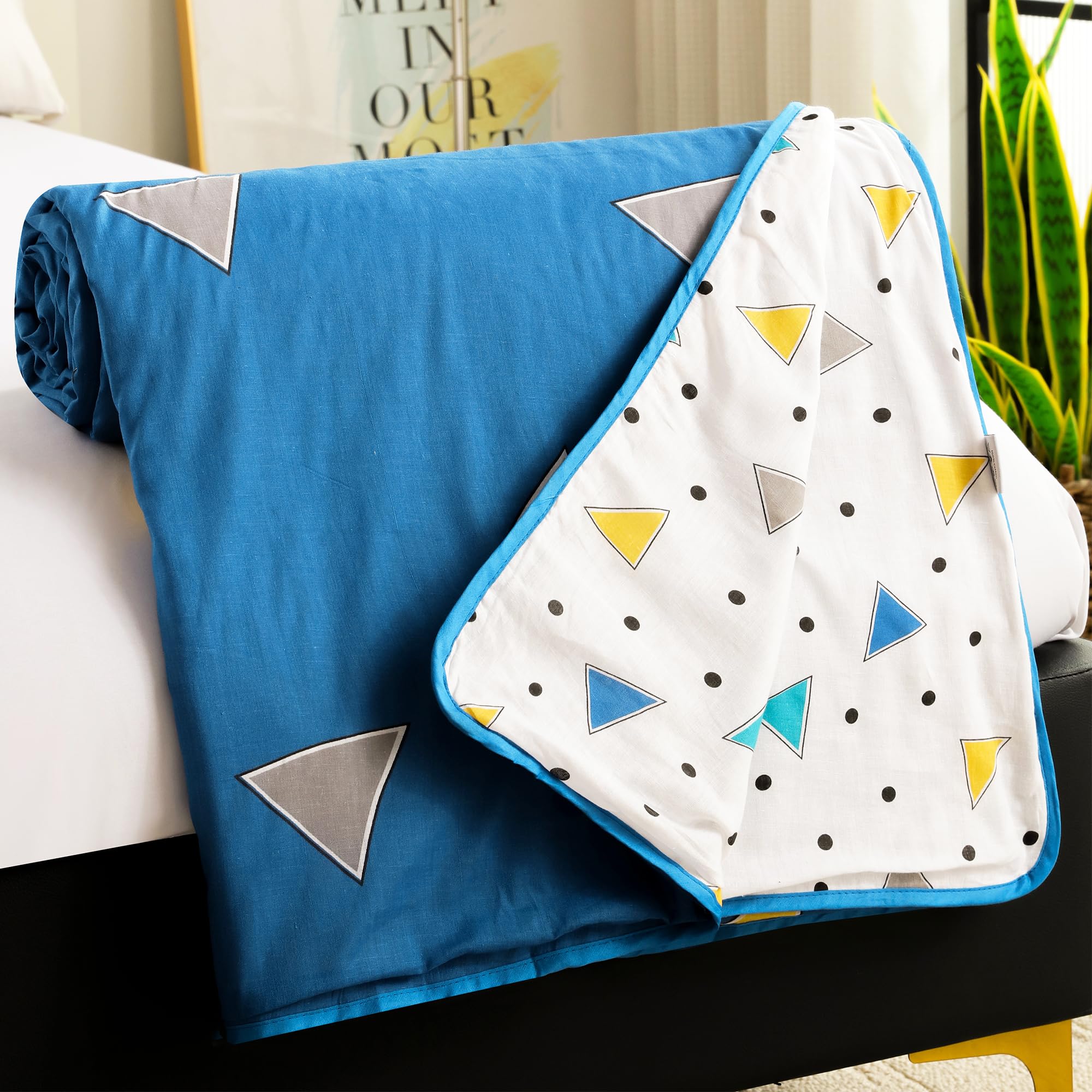 Story@Home Dohar Single Bed TC,144 100% Cotton AC Blanket for Summer 144x 220CM,150GSM Ac Comforter and AC Blanket for Summer|Blue & White Geometric Pattern Reversible Duvet Quilt,All-Season Blanket Kafalo