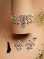 Sukkhi Attractive Pink Green Stones Kundan Studded with Multistrand Beaded Choker Necklace & Drop Earring Jewellery Set for Women & Girls|NS107355