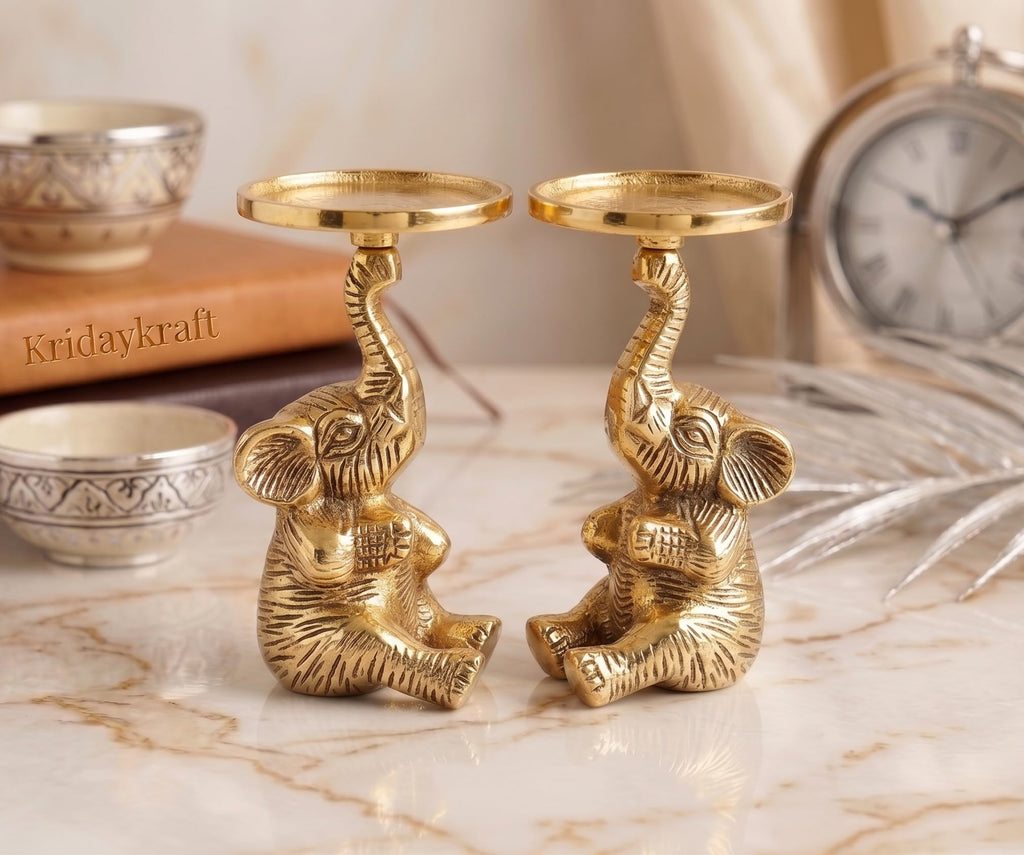 KridayKraft Baby Elephant Figurine T-Light Candle Holder, Gold Antique Finish (15 cm, 300 gm) – Vastu Good Luck Elephant Showpiece for Home Decor, Diwali Gifting, Living Room & Table Accents.