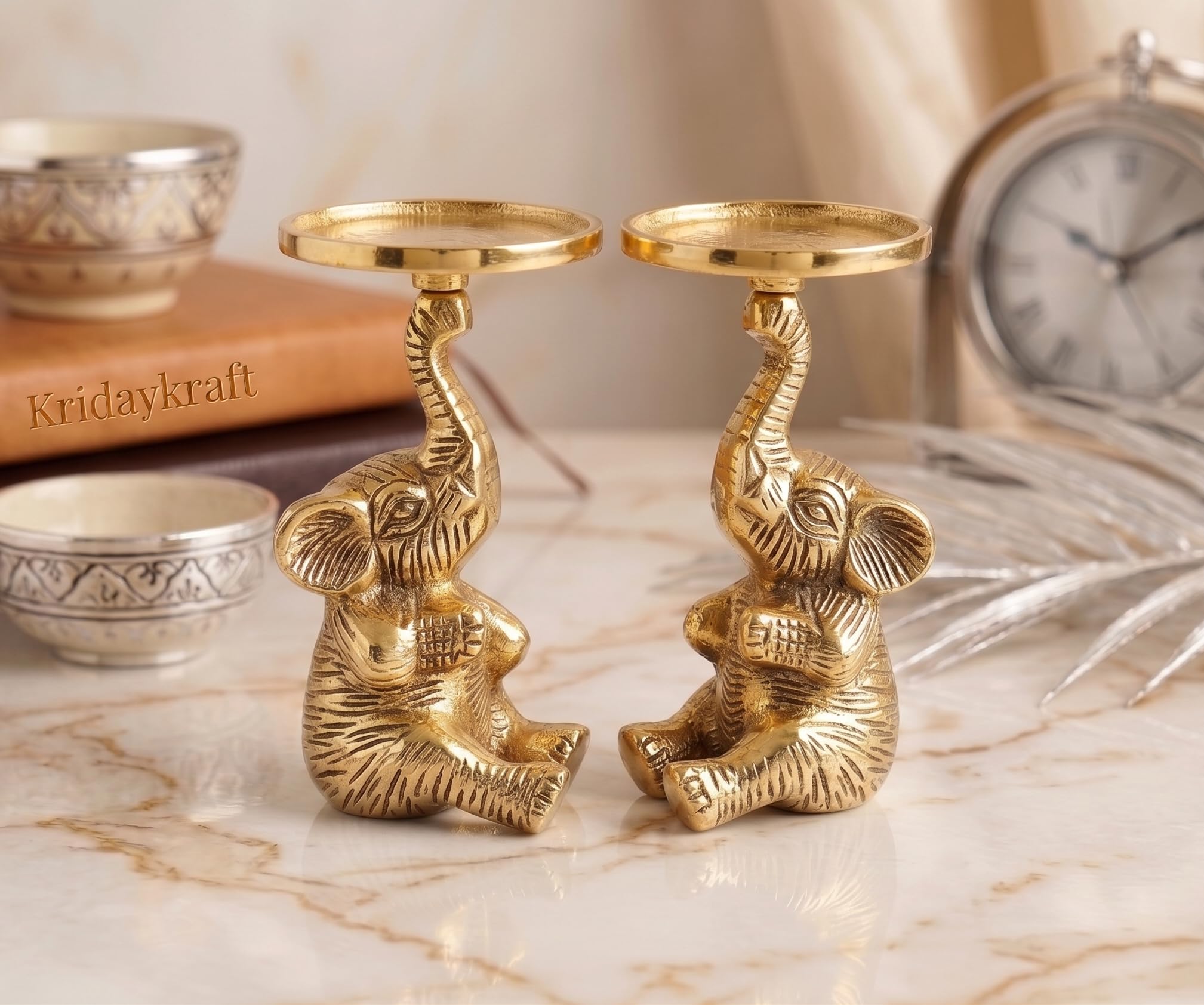 KridayKraft Baby Elephant Figurine T-Light Candle Holder, Gold Antique Finish (15 cm, 300 gm) – Vastu Good Luck Elephant Showpiece for Home Decor, Diwali Gifting, Living Room & Table Accents.