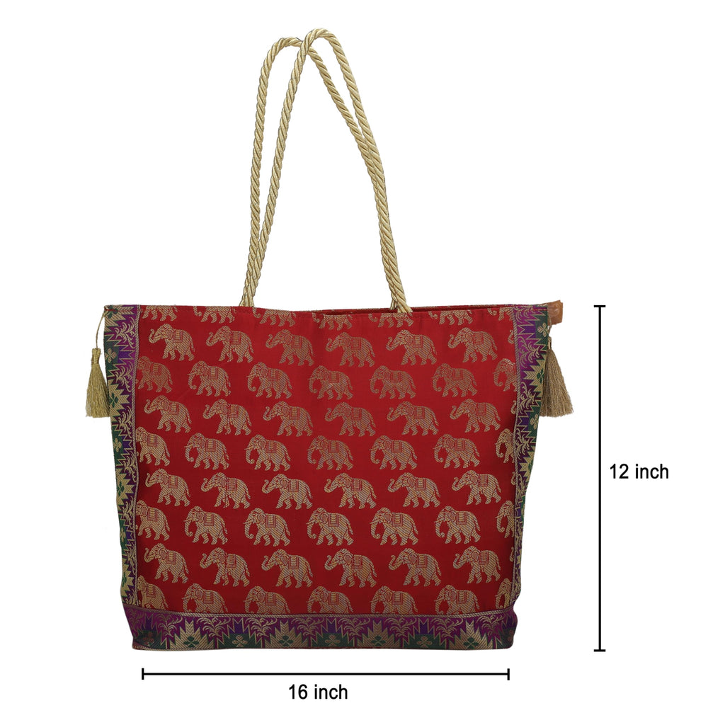 E - Ezra Designer Ethnic Handmade Brocade Silk Tote Bag For Women's Shoulder Bag Shopping Bag For Girls 16 Inch (Red)