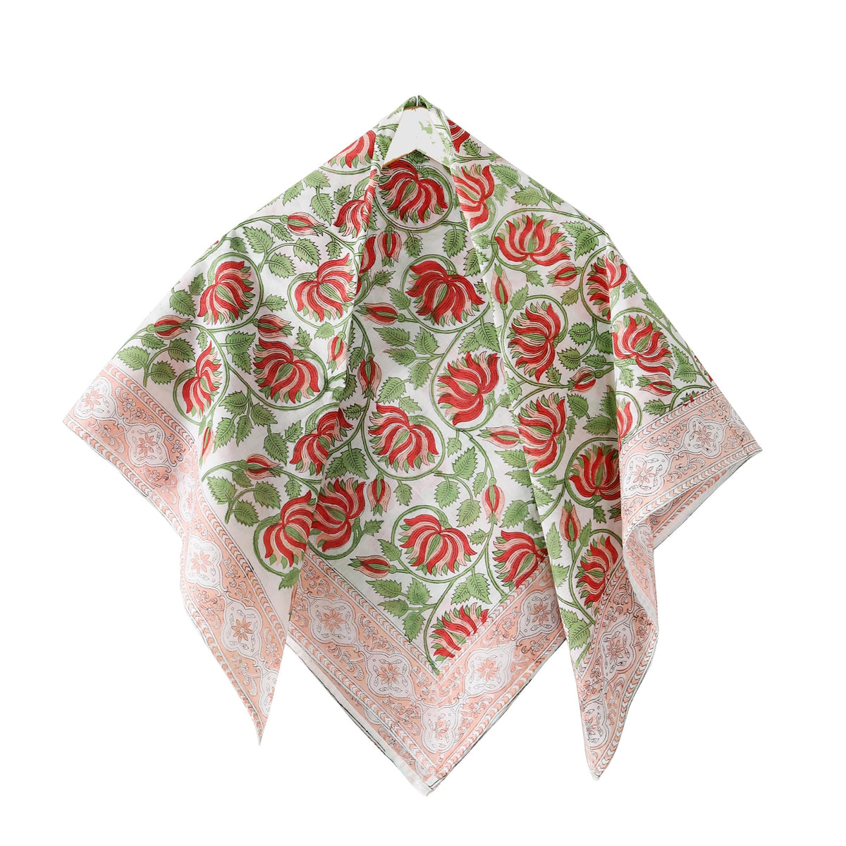 Ravaiyaa - Attitude is everything Sanganer Hand Block Printed Scarves Pure Cotton Scarf Square Hijab Dupatta 40 X 40 Inch (Red Green Lotus Floral) For Female