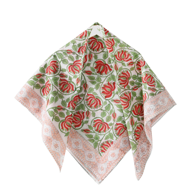 Ravaiyaa - Attitude is everything Sanganer Hand Block Printed Scarves Pure Cotton Scarf Square Hijab Dupatta 40 X 40 Inch (Red Green Lotus Floral) For Female