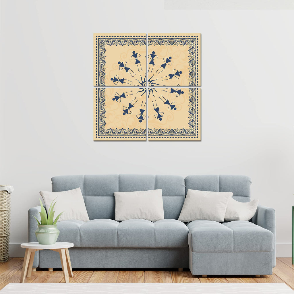 VIBECRAFTS 4 Pieces Warli Art Canvas Wall Hanging Painting Fitted With Wooden Frame For Home | Office | Living Room | Gifts (PTVC4Pcs5_16605)