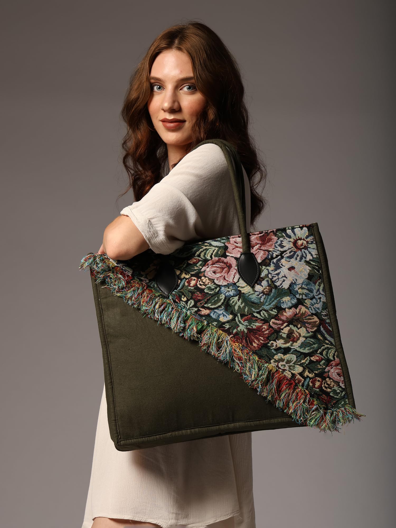 ENSAC Cotton Tote Bag for Women, Stylish Handbag for women with Zip Closure | Fit for Office Bag, College, Travel Use | Handcrafted in India(TOTE-SLANT-GREEN-BIG-1) (Green)