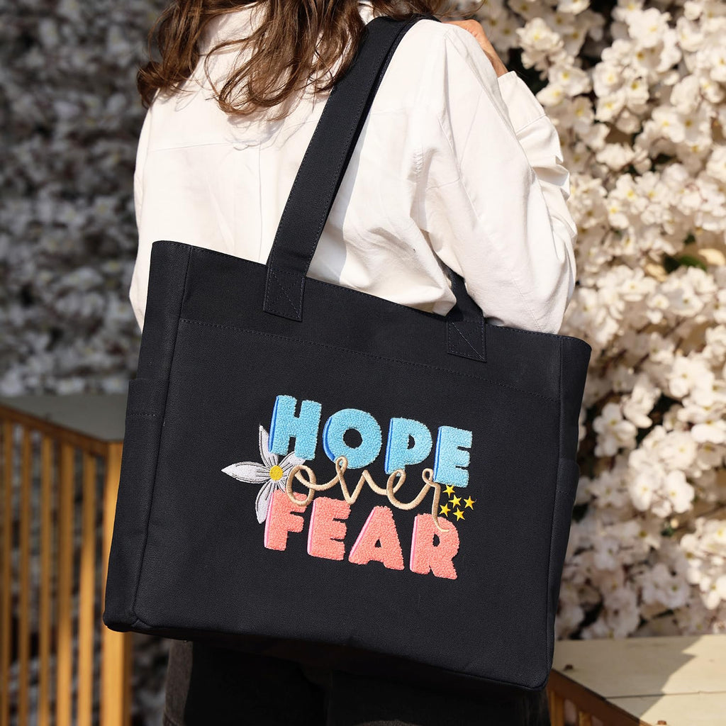 TSANTA U-Shaped Canvas Tote Bag with Pouch Combo (Large, Hope Design) | Cotton Shoulder Bag with Zipper, Laptop Compartment & Organizer Pockets | Reusable Travel, Office & Everyday Bag for Women