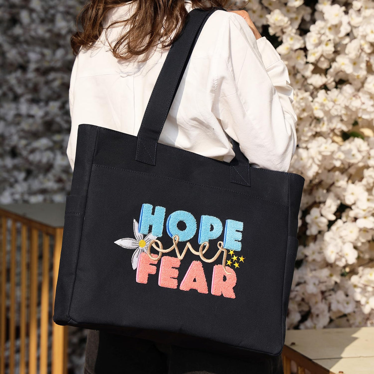TSANTA U-Shaped Canvas Tote Bag with Pouch Combo (Large, Hope Design) | Cotton Shoulder Bag with Zipper, Laptop Compartment & Organizer Pockets | Reusable Travel, Office & Everyday Bag for Women