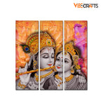 VIBECRAFTS Beautiful Radha Krishna Playing Flute 3 Pieces Canvas Wall Painting Fitted With Wooden Frame For Home | Office | Living Room | Gifts (PTVC3Pcs1_9542)