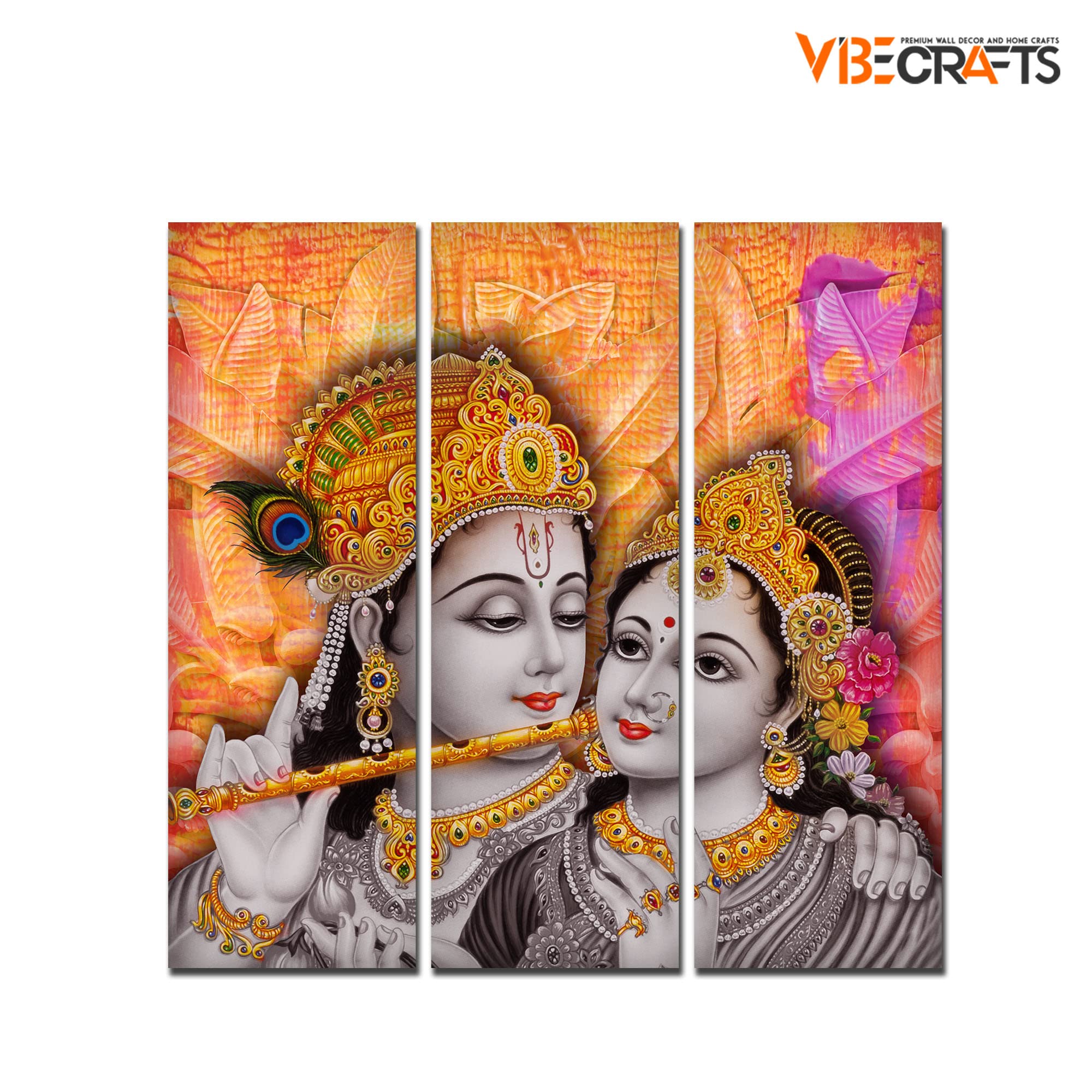 VIBECRAFTS Beautiful Radha Krishna Playing Flute 3 Pieces Canvas Wall Painting Fitted With Wooden Frame For Home | Office | Living Room | Gifts (PTVC3Pcs1_9542)