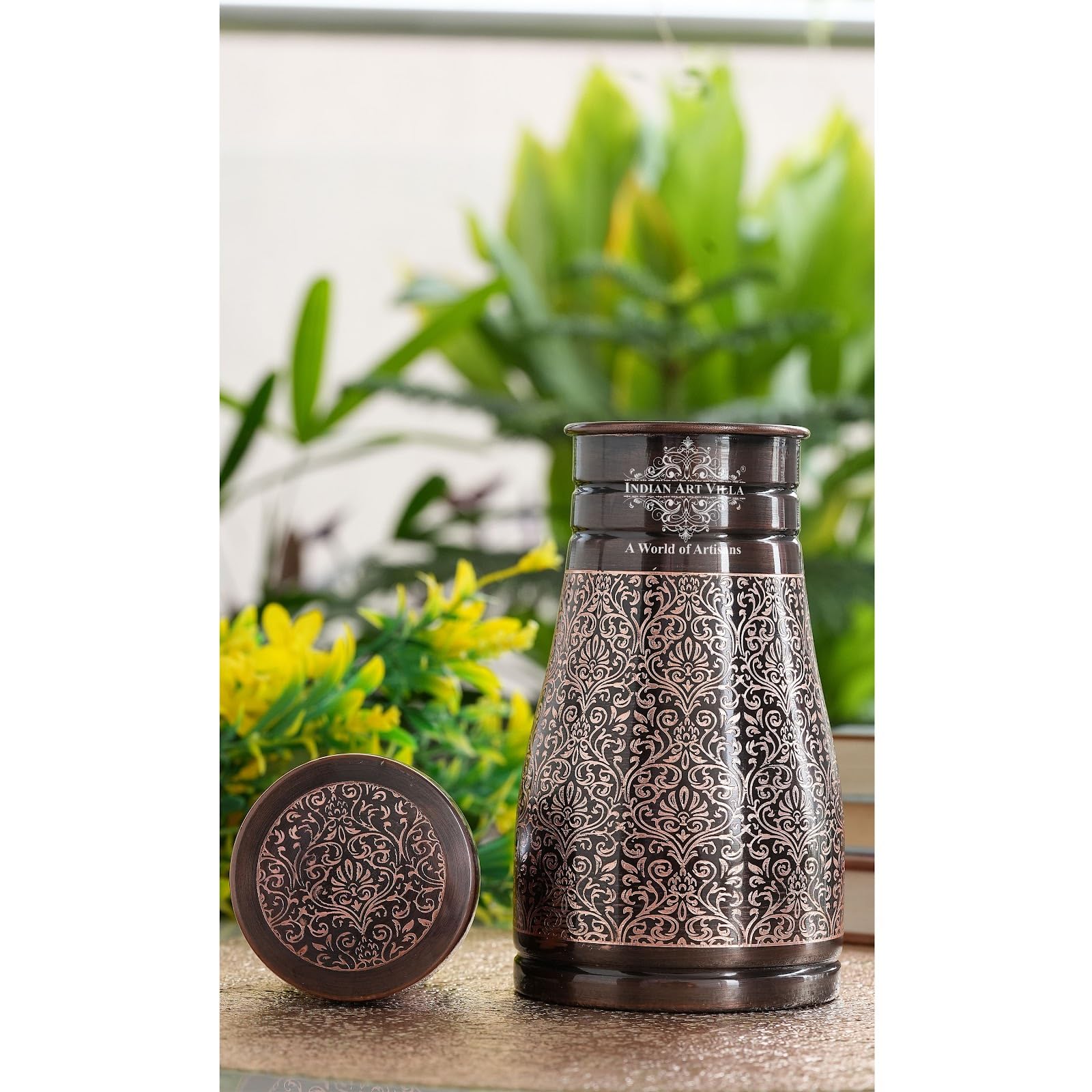 INDIAN ART VILLA Pure Copper Bedroom Water Bottle with Inbuilt Glass, Dark Embossed Design, Bedside Carafe, Ayurvedic Health Benefits, 950 ML (Pack of 1)