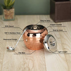 Sumeet Stainless Steel Copper Coated Handcrafted Hammered Ghee and Oil Pot, Storage Container with Spoon for Kitchen and Pooja, 9cm Dia, 320ML - Silver (Pack of 2)