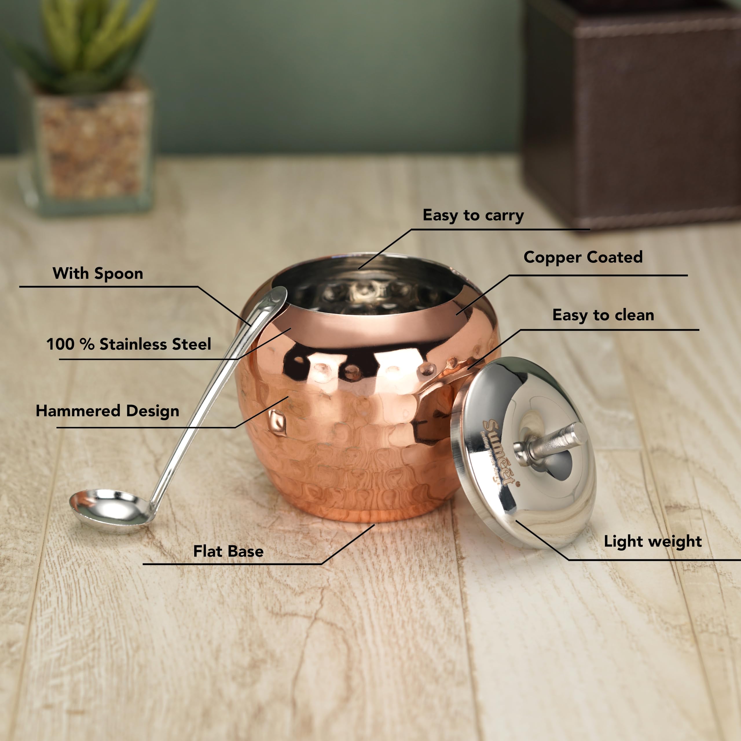 Sumeet Stainless Steel Copper Coated Handcrafted Hammered Ghee and Oil Pot, Storage Container with Spoon for Kitchen and Pooja, 9cm Dia, 320ML - Silver (Pack of 2)