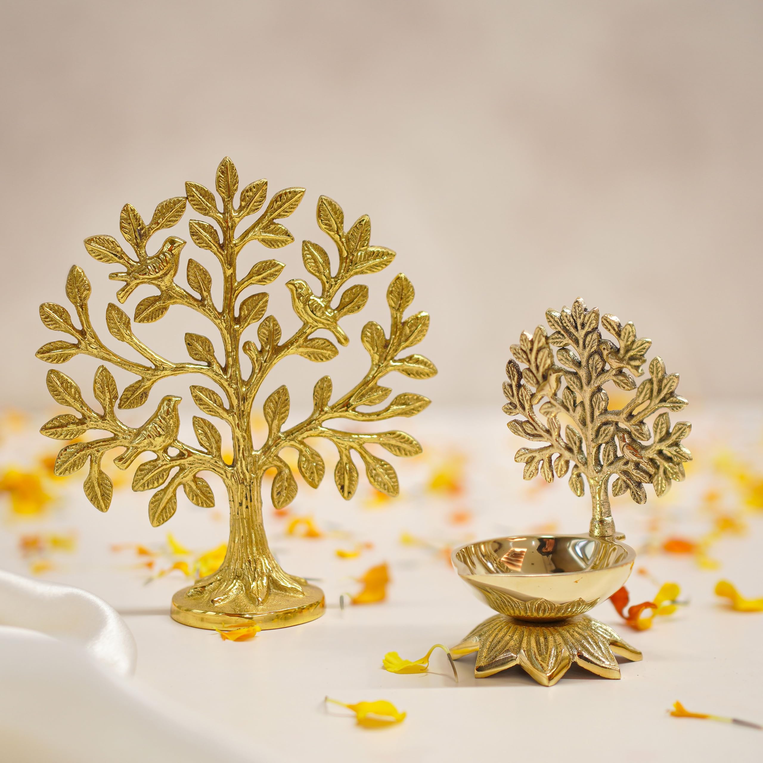 BEHOMA Brass Kalpvriksh Tree with Birds (6 in) & Kalpavriksha Diya (4.1in)