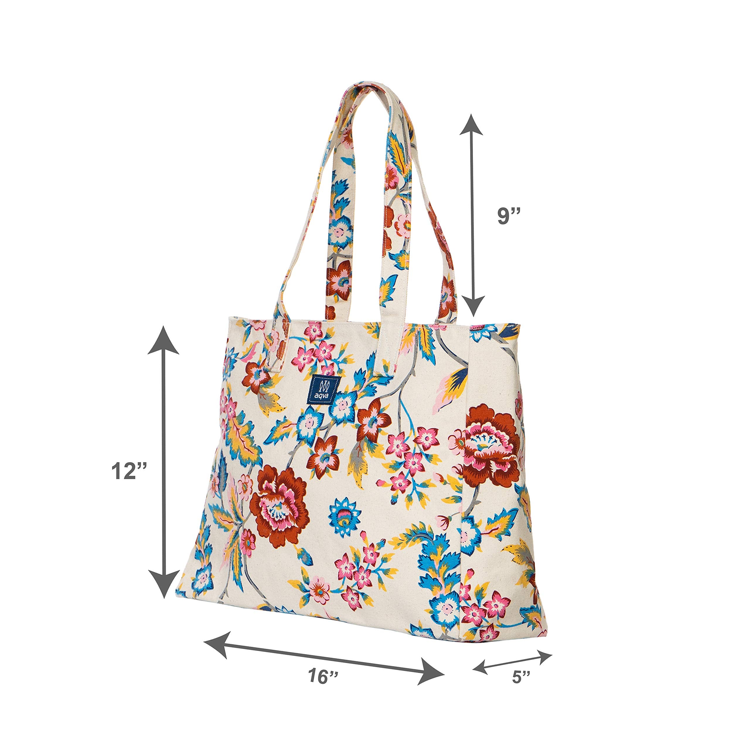 AQVA Printed Cotton Canvas Tote Bag for Women | Large Capacity | Stylish Multipurpose Shoulder Bag with Zip Closure | Hand Bag for Laptop Office, Travel & Shopping (Floral, Multicolor)