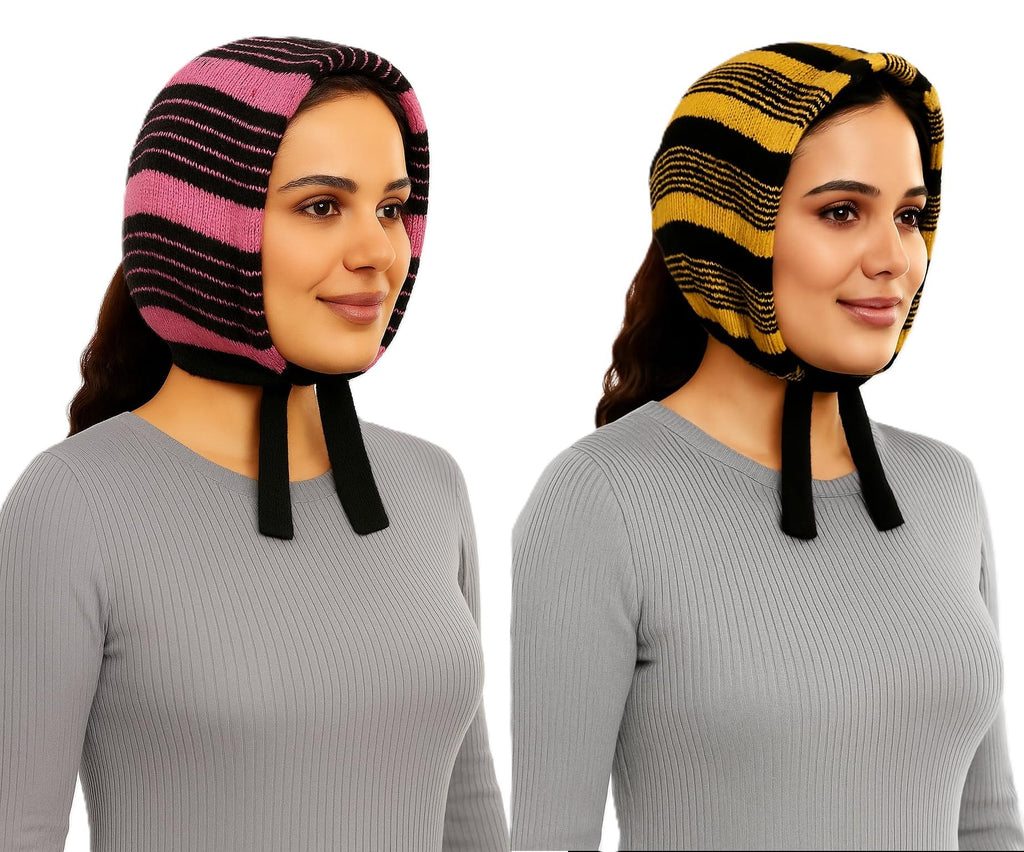 NISHVITH Lines - Stylish Winter Knit Muffler, Striped Pattern, Ear Protection Design with Ties, Warm Casual Wear for Women(Pack of 2, Multicolor, Color Varies)