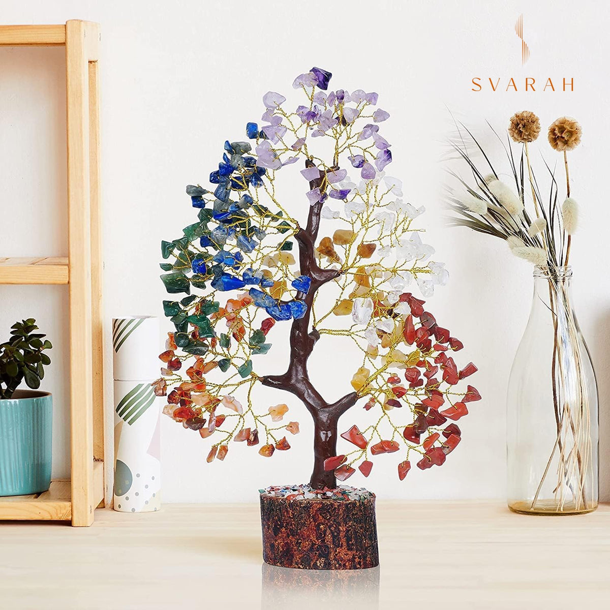 SVARAH 10-12 Inch Seven Chakra Crystal Tree with 300+ Beads | Handmade Feng Shui Money Tree for Positive Energy, Good Luck, Spiritual Chakra Activation, Gemstone Healing | Best Gift Home Décor