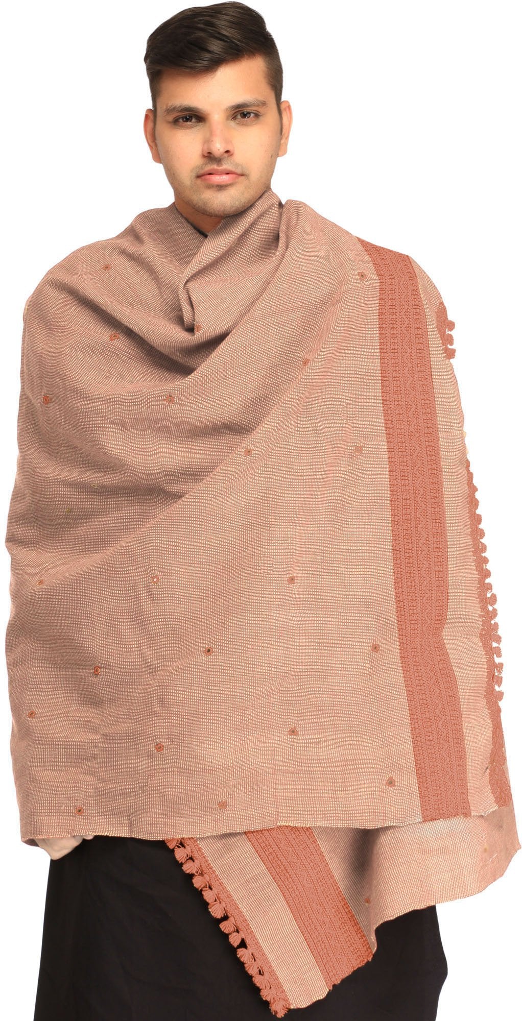 Exotic India Men's Kutch with Woven Border and Embroidered Mirrors Pure Wool Shawl (SWI77--pink-sand)