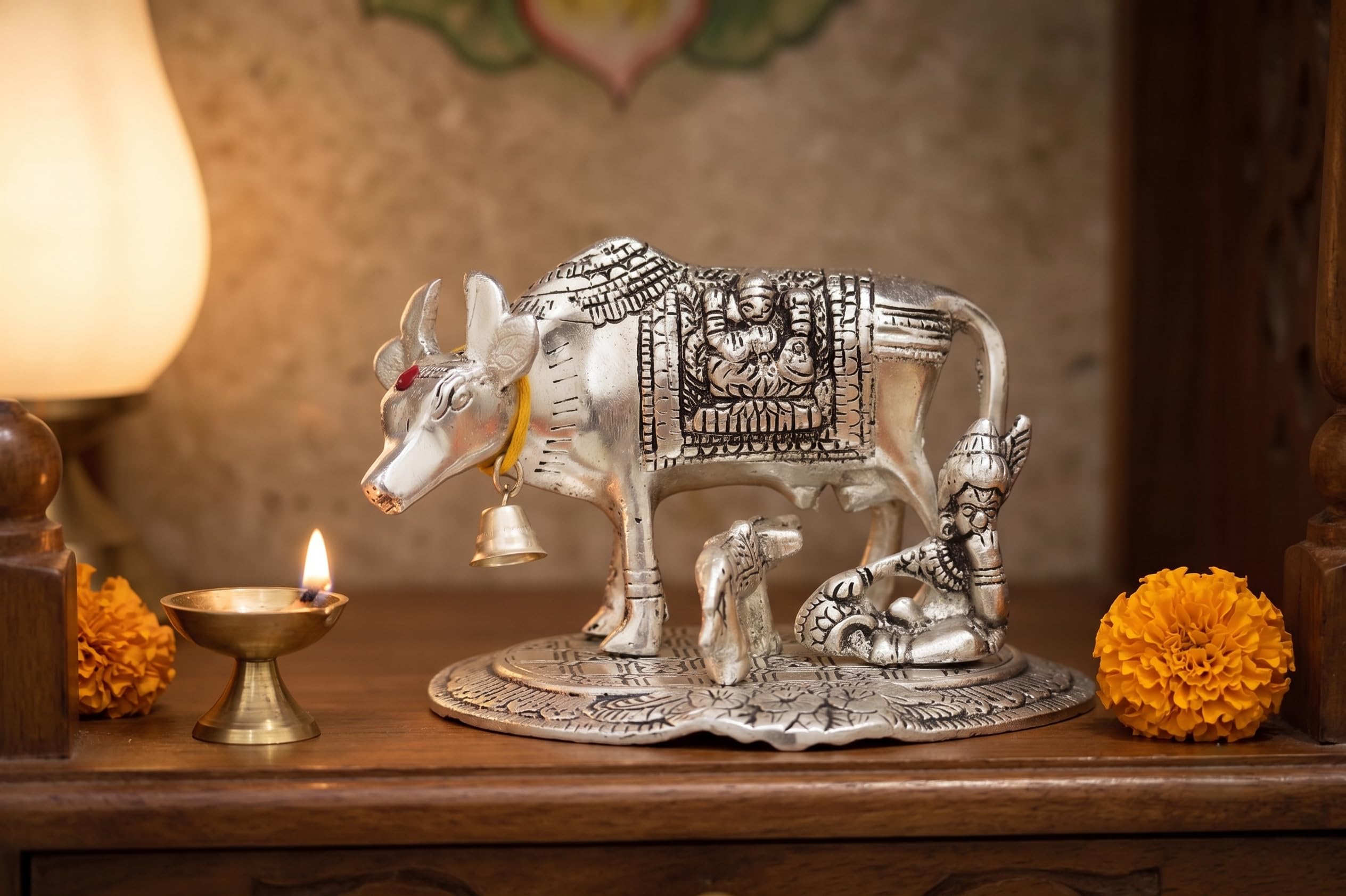 KridayKraft Kamdhenu Cow and Calf with Krishna Idol, Silver-Plated Decorative Showpiece for Home Decor and Gift, 14 x 11 cm X 10 cm, 350 g