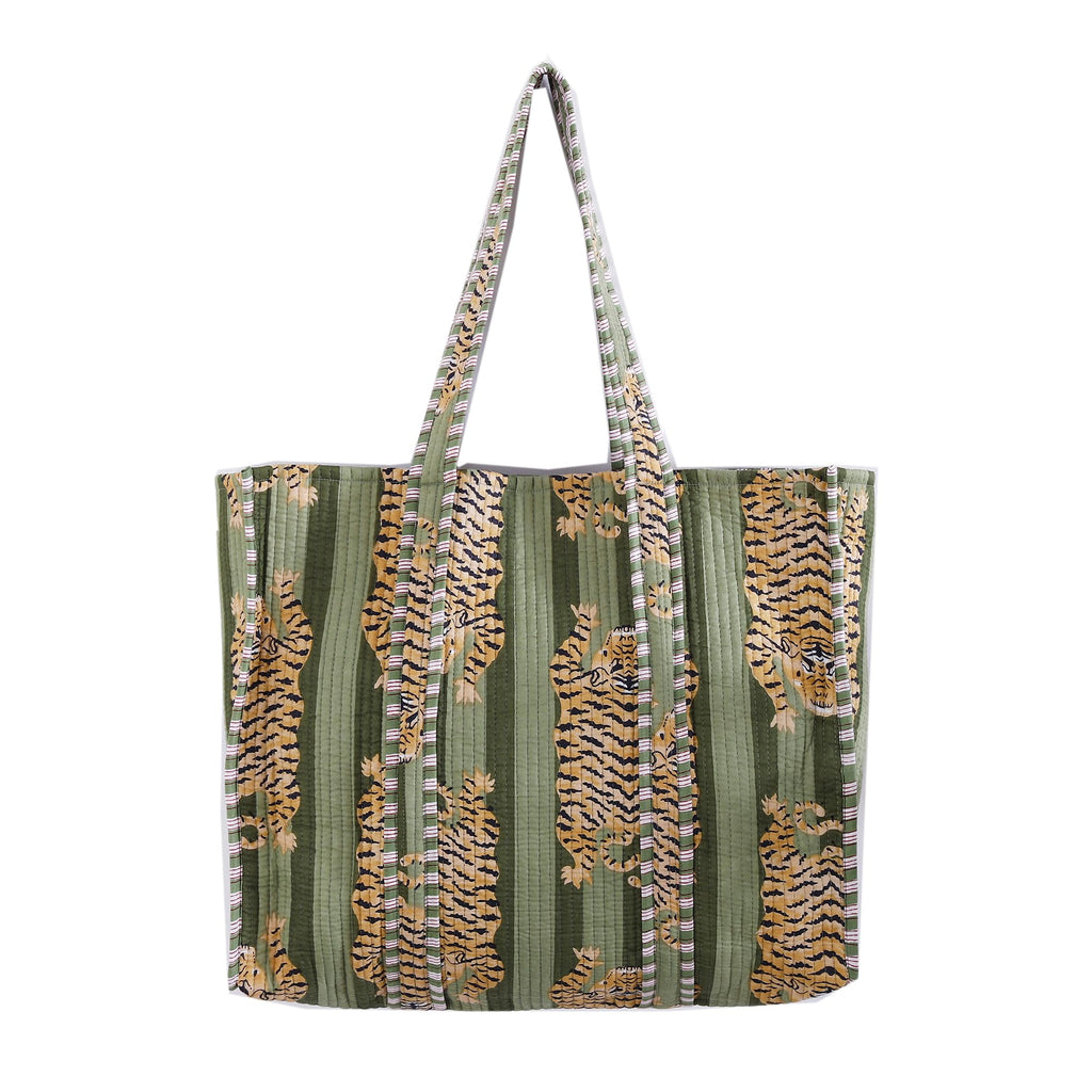 Ravaiyaa - Attitude is everything Women & Man Beautiful Printed Cotton Grocery Shopping Bag | Shoulder Bag | Cotton Tote Bag | Travel Tote Bags 18x5.5x16 Inch (Green Tiger)