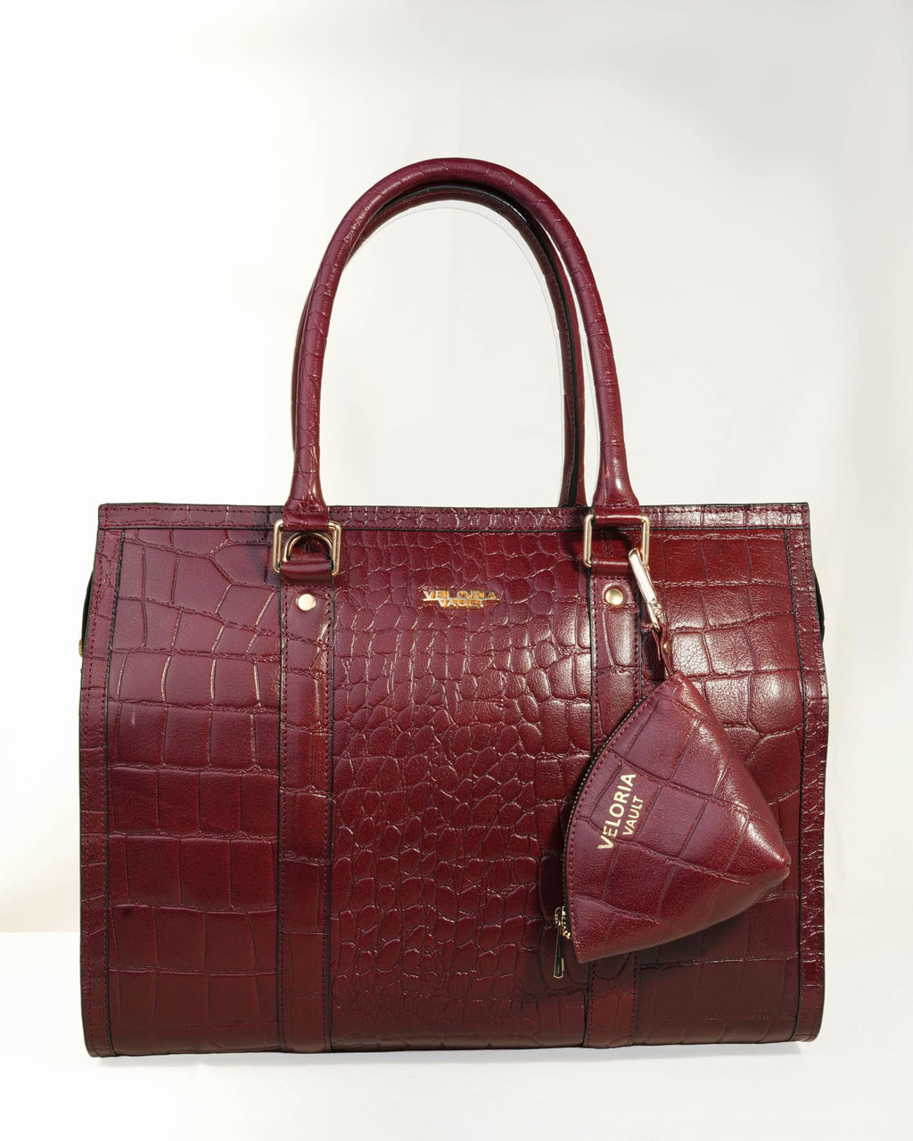 VELORIA VAULT Vanessa Tote Bag, Croc-Embossed Full-Grain Genuine Leather, Detachable Strap, Curved Handles for Women (Cherry)