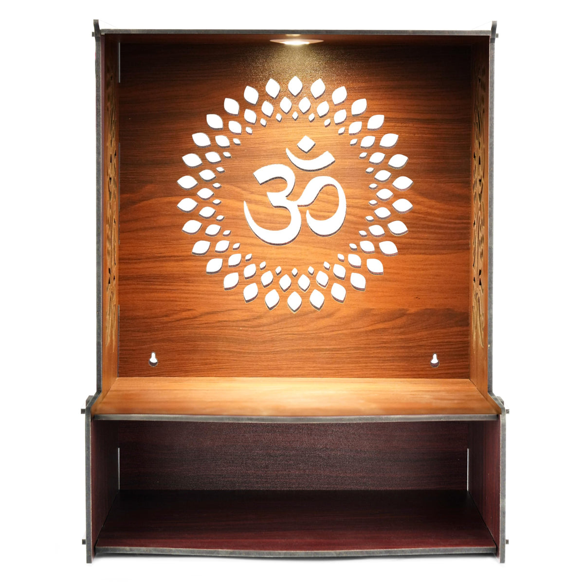 Svaagat Handcrafted MDF Wooden Temple for Home | LED Light Pooja Mandir | Decorative Laser Cut Design | Brown Finish