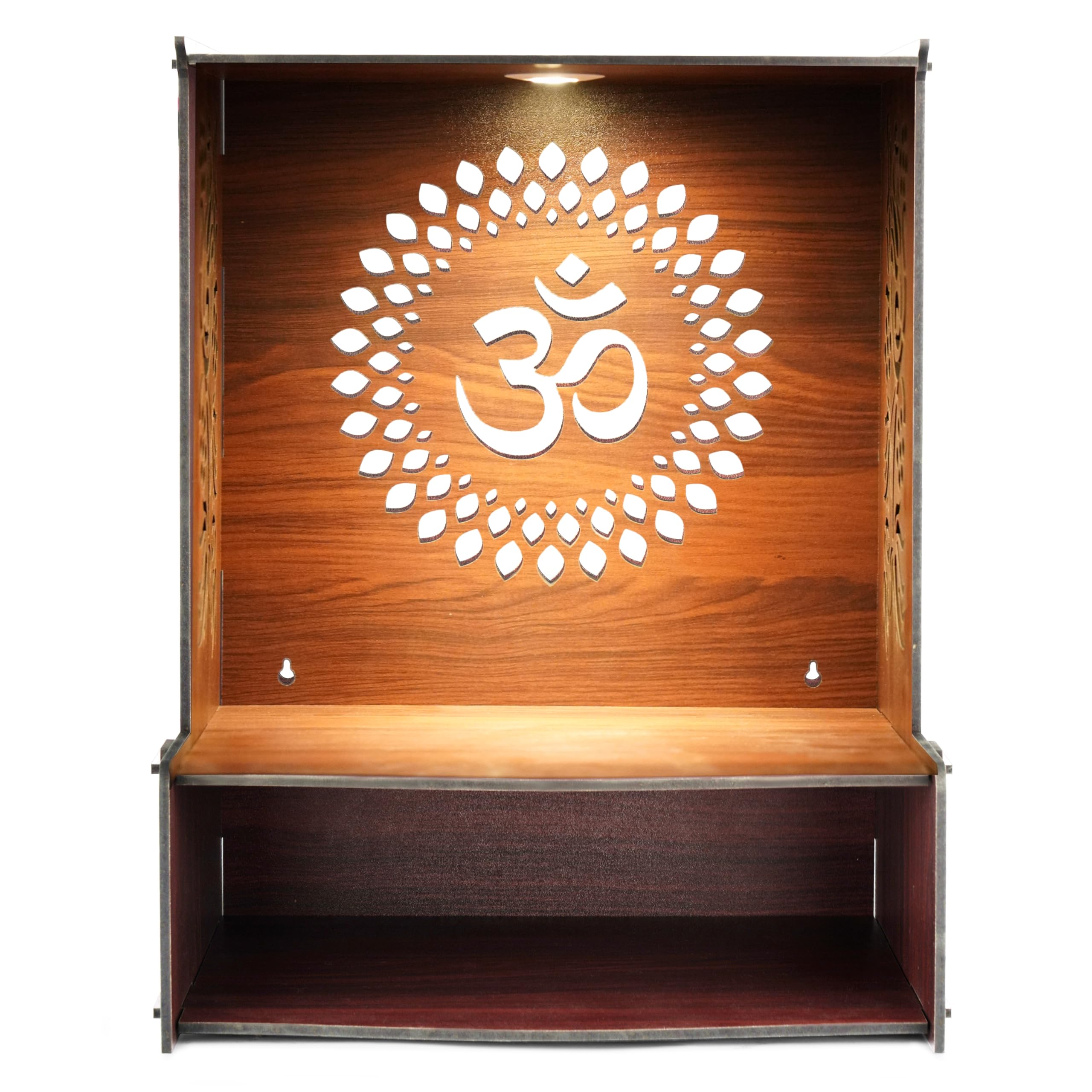 Svaagat Handcrafted MDF Wooden Temple for Home | LED Light Pooja Mandir | Decorative Laser Cut Design | Brown Finish