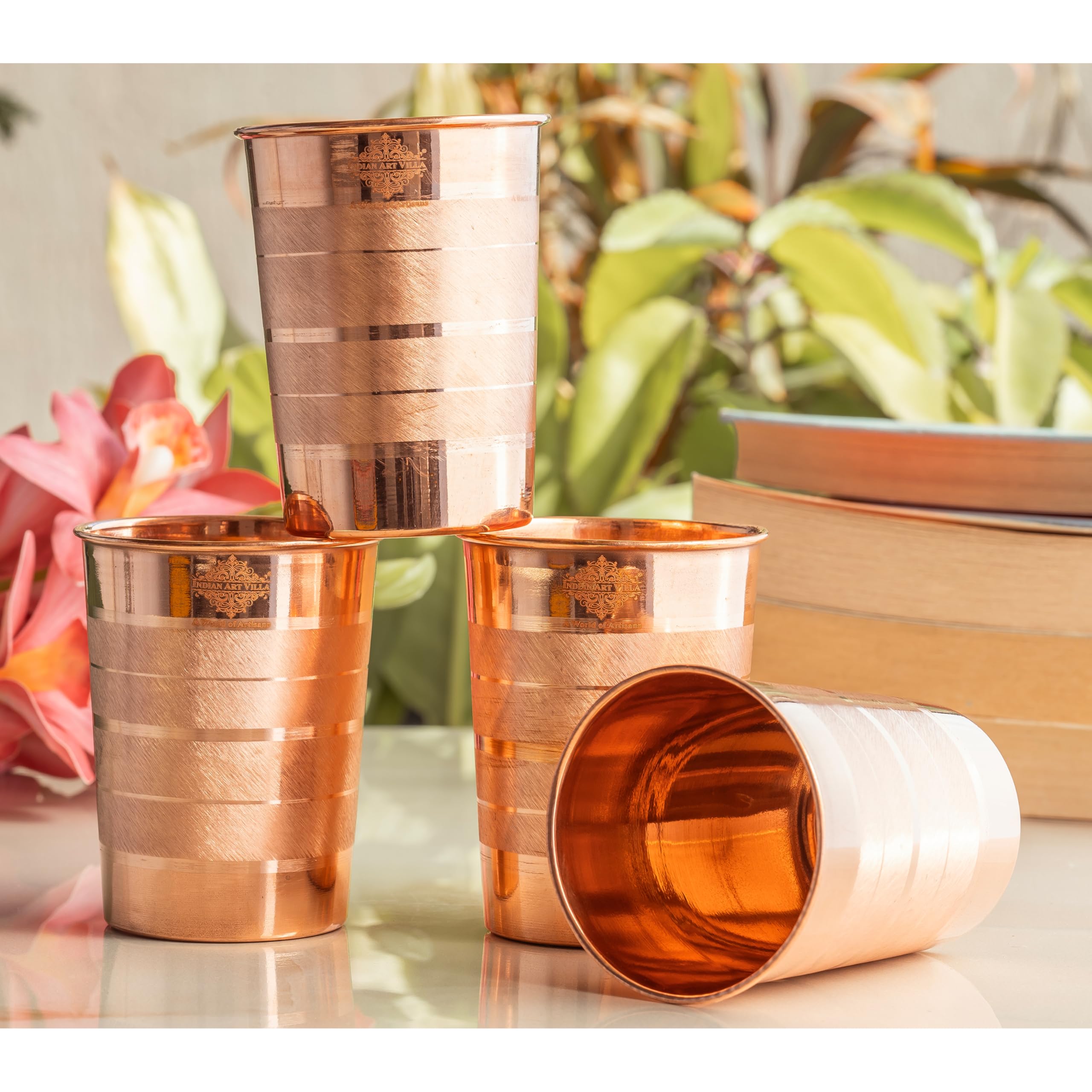 INDIAN ART VILLA Luxury Design Pure Copper Glass – 275 ML, Elegant Drinkware for Water, Ayurvedic Benefits, and Daily Use, Perfect for Home, Office, and Gifting, Set of 4
